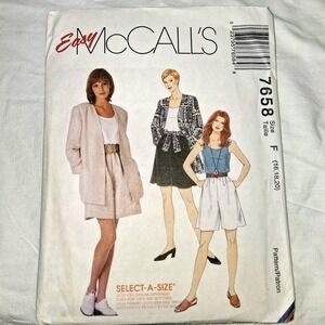 Easy McCalls Sewing Pattern 7658 Misses Unlined Jacket Top Shorts Skirt 16-20‎
